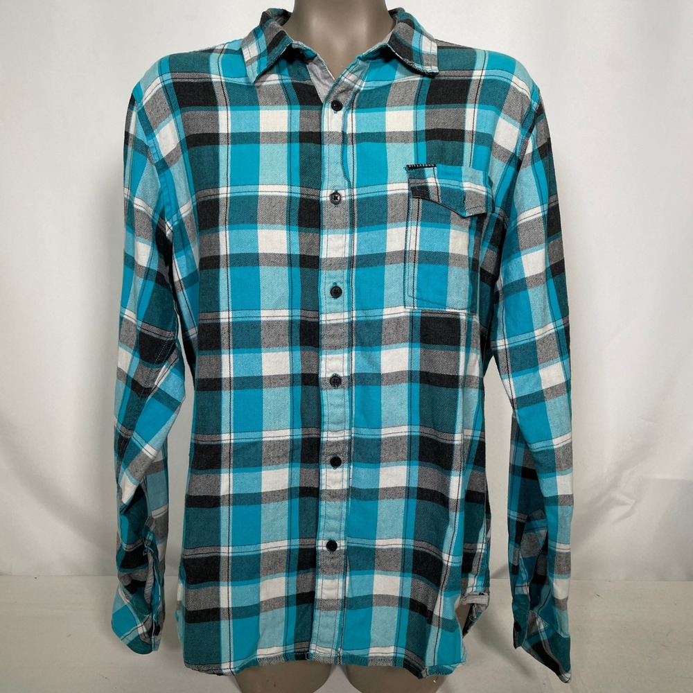 Billabong Plaid Turquoise Black White Long Sleeve Flannel Shirt Women's LARGE